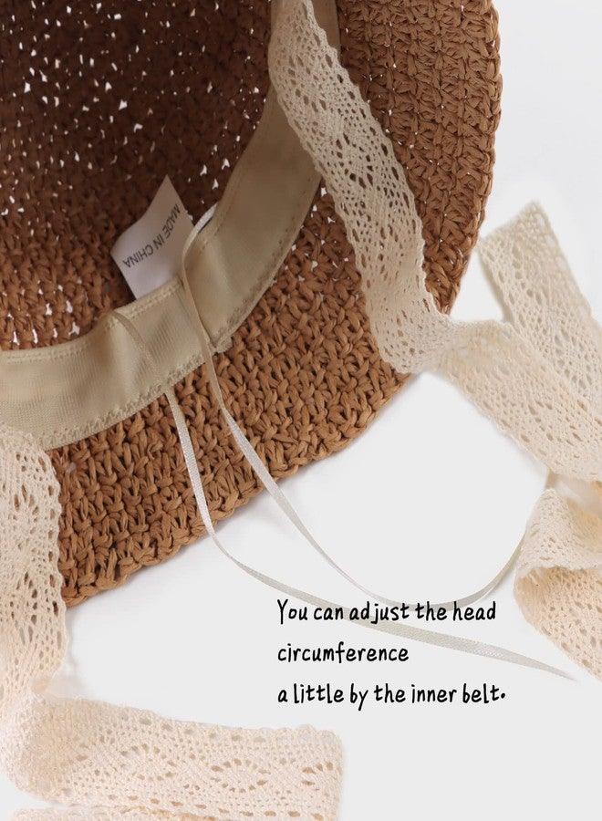 JANGANNSA Baby Girl Straw Hat Outdoor Baby Sun Protection Hats Summer Bowknot Beach Cap for Infant Toddler Girls(Lace Tie-Khaki,6-24 Months) - Image 4
